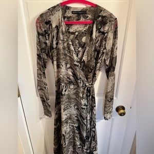 White House Black Market green and gray tones with black. Stunning dress.